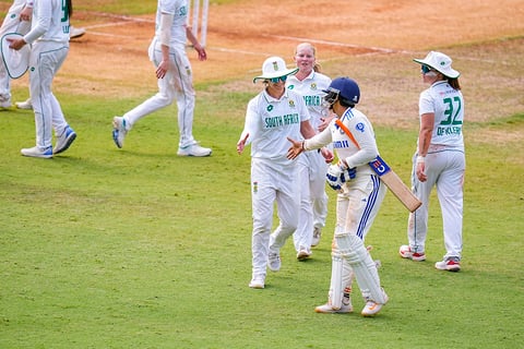 Shafali Verma being greeted by South African players for her double century 